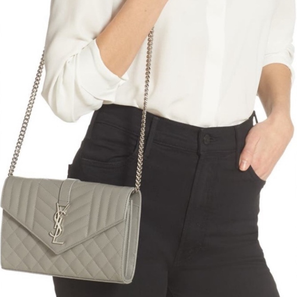 NWOT Saint Laurent Monogram Matelassé Leather Wallet on a Chain in Stone Grey - Picture 2 of 5